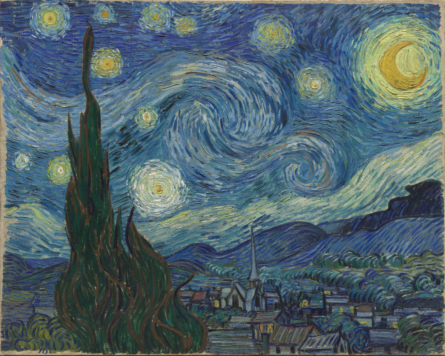 Vincent van Gogh, The Starry Night, Saint Rémy, June 1889. On view at MoMA, Floor 5, 502, The Alfred H. Barr, Jr. Galleries.