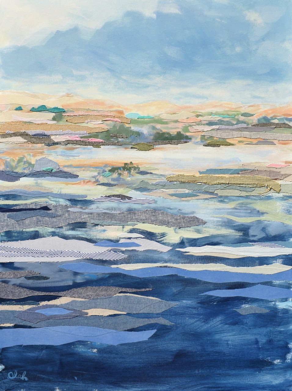 Karin Olah, River Stripes 1, Mixed media with textiles on linen, 40 x 30 in, $2200 ($220/mo)