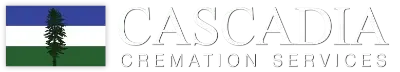 Cascadia Cremation Services logo featuring a flag and text. The flag has blue, white, and green horizontal stripes with a tree in the middle.