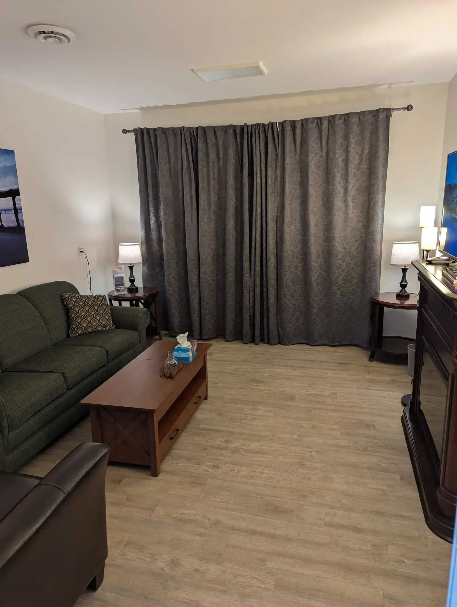 Living room: green couch, patterned curtains, lamps, brown coffee table, and wood floor.