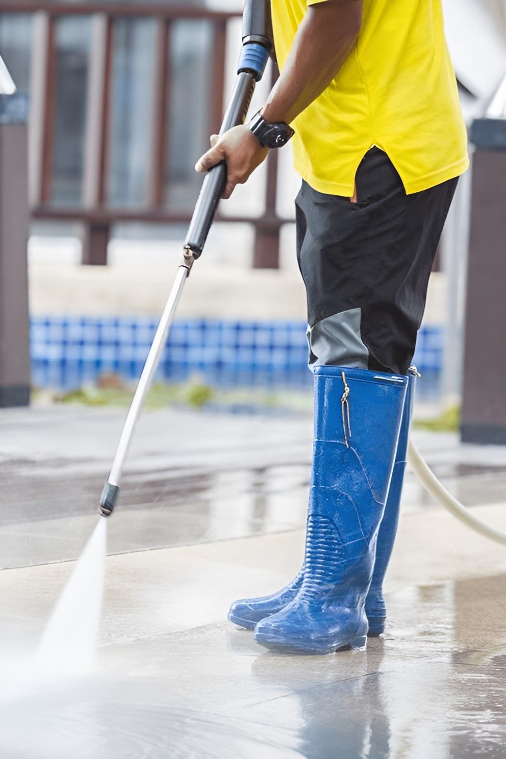 A Man is Using a High Pressure Washer to Clean a Concrete Floor — Sue's Clear Water in Balnagowan, QLD 