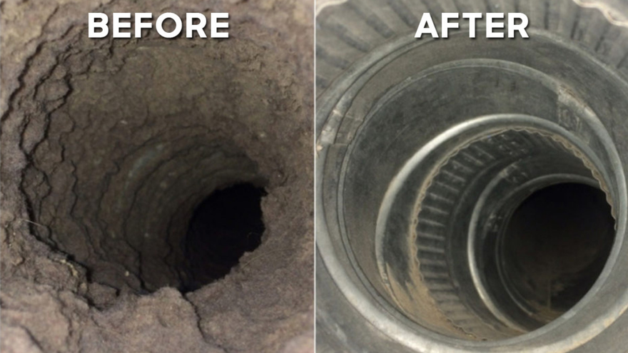 Split screen showing a duct filled with debris labeled