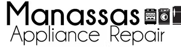 Logo for Manassas Appliance Repair featuring the company name and icons of a stove, washing machine, and refrigerator.