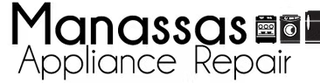Logo for Manassas Appliance Repair featuring the company name and icons of a stove, washing machine, and refrigerator.
