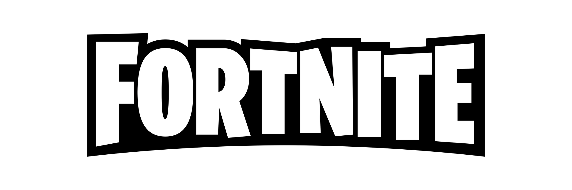 The Fortnite logo in a bold, white sans-serif font with a thick black outline, set against a white background.