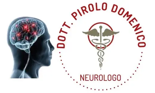 Logo per il neurologo Dott. Pirolo Domenico, raffigurante la silhouette di una testa umana con il cervello evidenziato e il simbolo del caduceo.