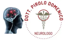 Logo per il neurologo Dott. Pirolo Domenico, raffigurante la silhouette di una testa umana con il cervello evidenziato e il simbolo del caduceo.