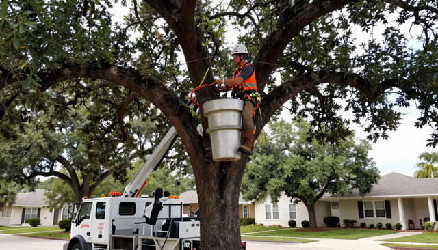 A professional arborist pruning a mature tree from a bucket truck in a residential Leander neighborhood.