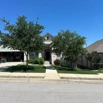 Suburban house with two trees, front lawn, and driveway under a clear blue sky