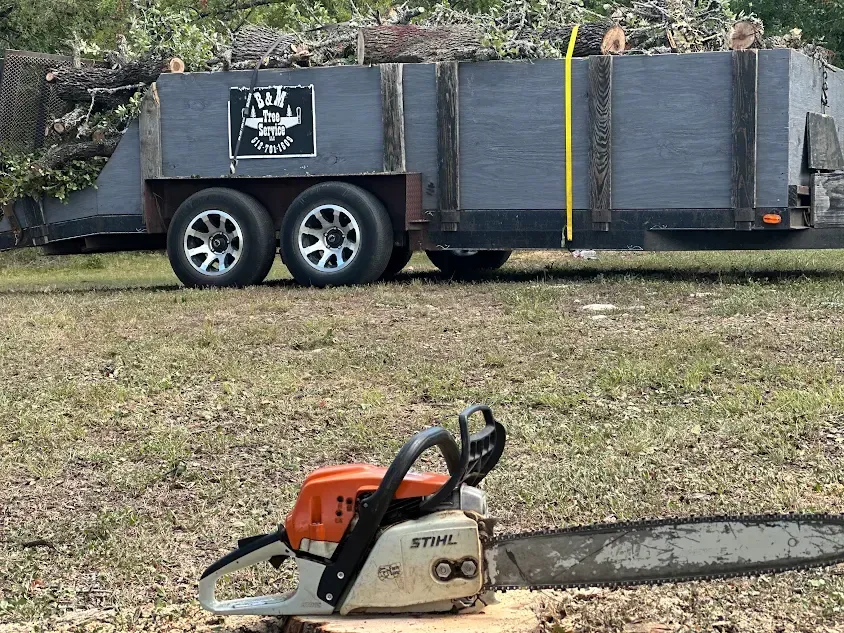 Crew loading brush and tree limbs into a truck after cleanup work.