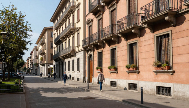 Via soleggiata con palazzi storici, balconi e pochi pedoni sul marciapiede.