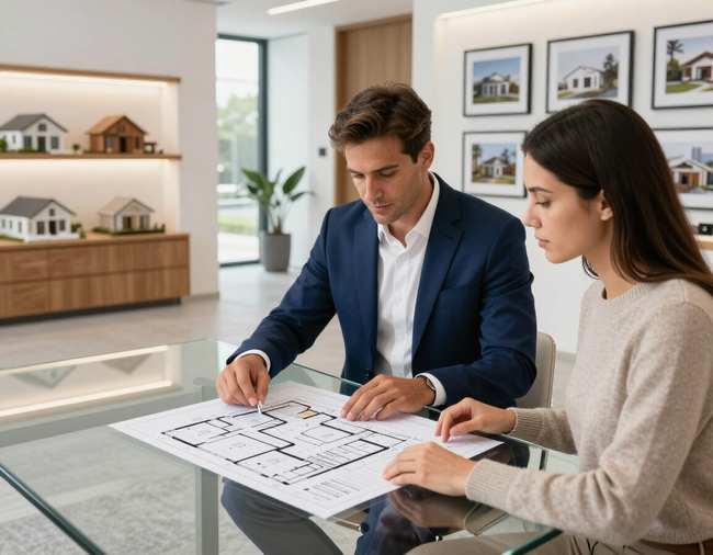 Due persone che esaminano le planimetrie di una casa a un tavolo di un'agenzia immobiliare.