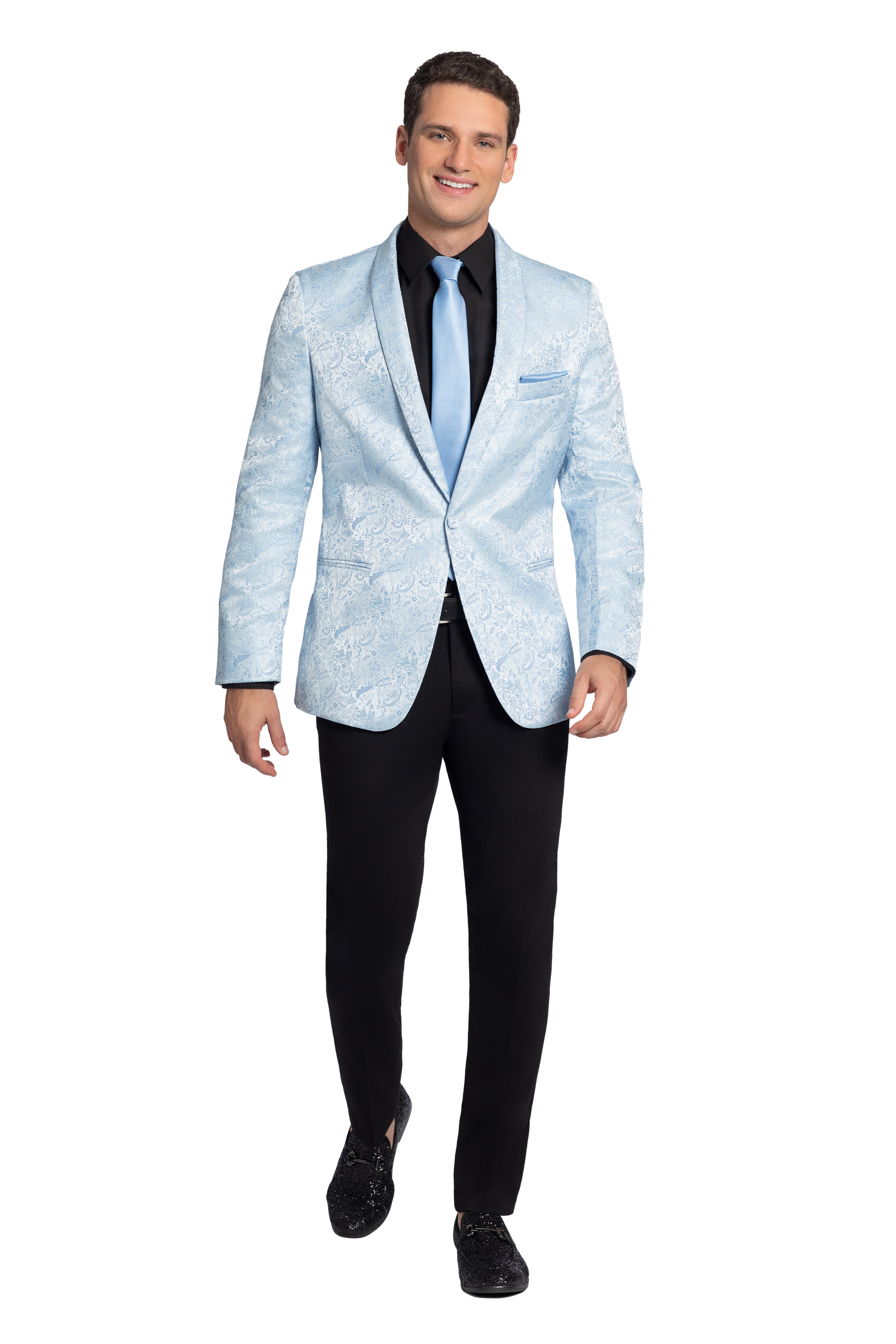 A man is wearing a light blue jacket and black pants.