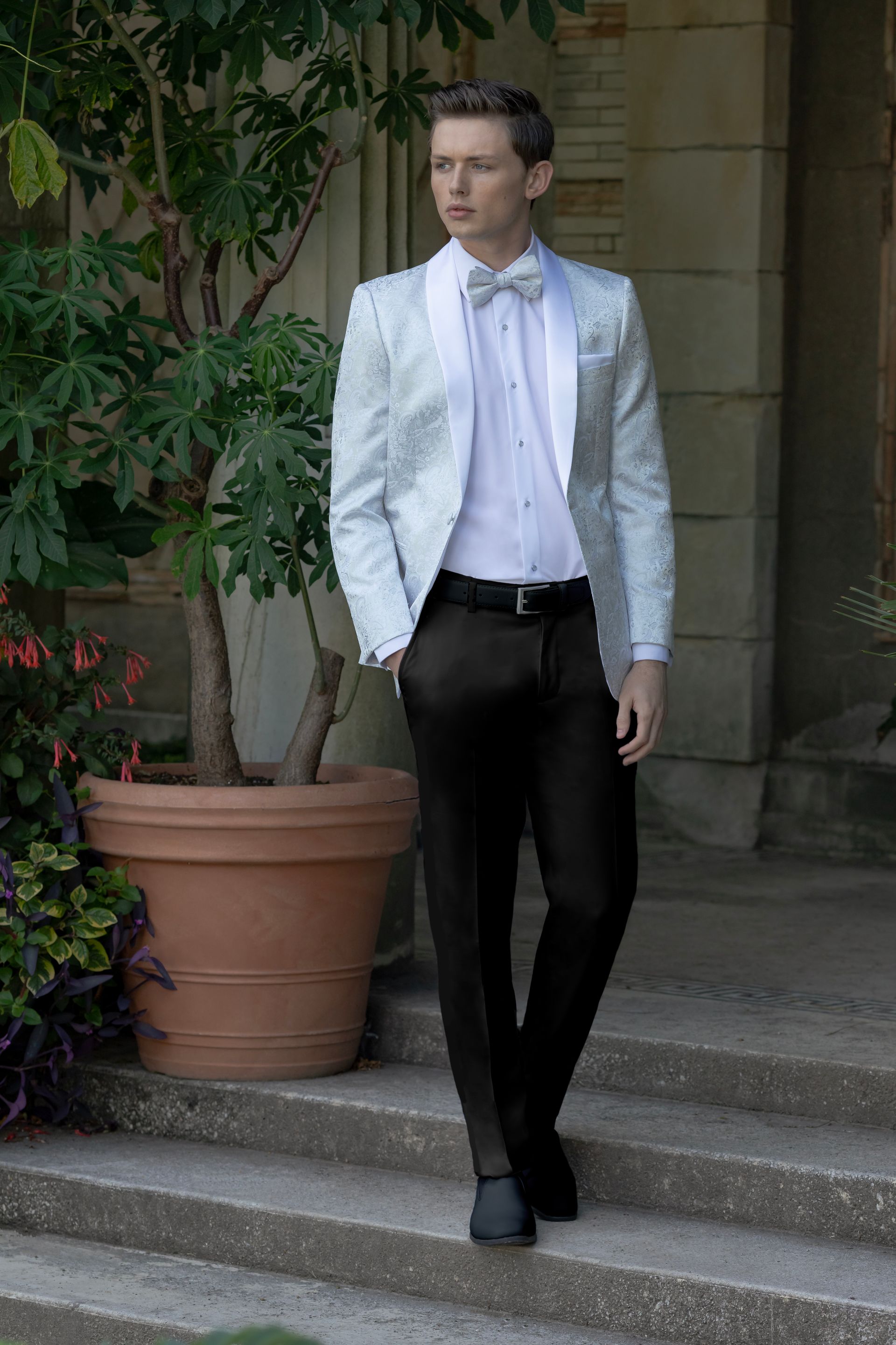 A man in a tuxedo and bow tie is standing on a set of stairs.