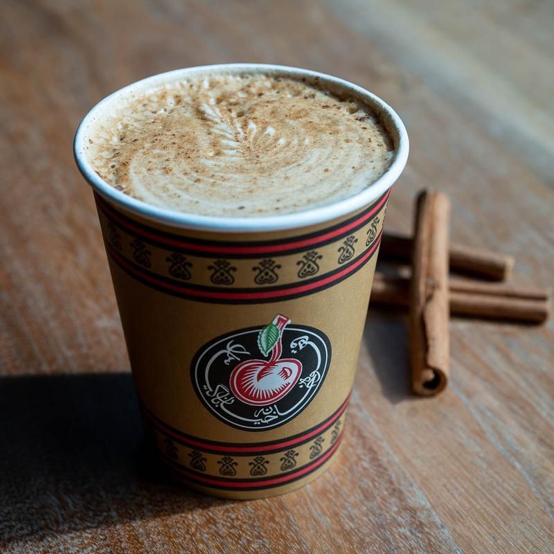 A cup of coffee with cinnamon sticks next to it