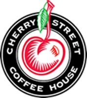 The logo for cherry street coffee house has a cherry on it.