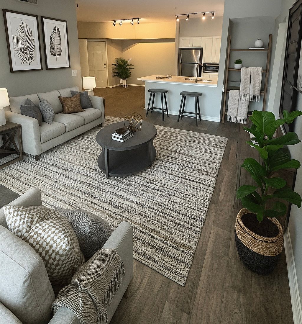 Cozy living room: gray couch, patterned rug, round coffee table, open kitchen with stools, potted plants.