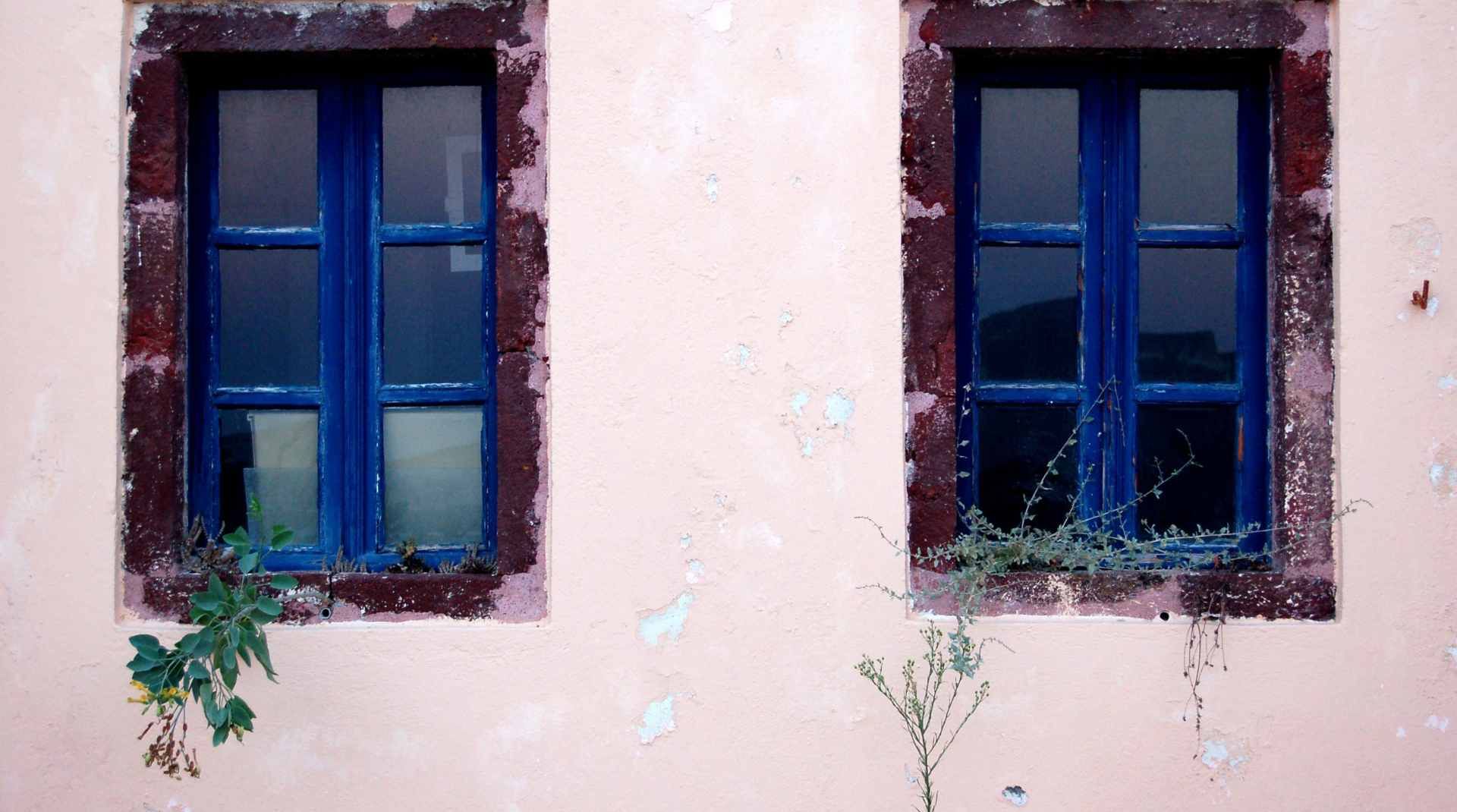 Two rustic blue-framed windows with dark glass panes set in a weathered, pale pink stucco wall with patches of peeling paint. The windows are framed by aged, reddish-brown stone, and small green plants grow along the base, adding a natural touch to the scene.