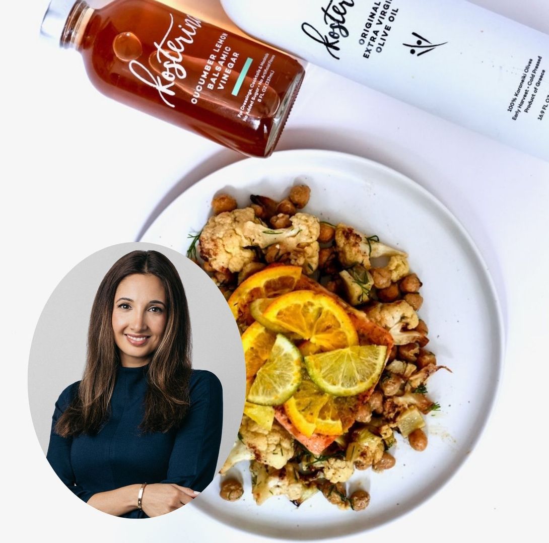 A plate of roasted cauliflower with chickpeas and citrus slices, accompanied by bottles of Kosterina’s Cucumber Lemon Balsamic Vinegar and Original Extra Virgin Olive Oil. The image also features a portrait of Katerina Mountanos, the founder of Kosterina, smiling in a professional pose.