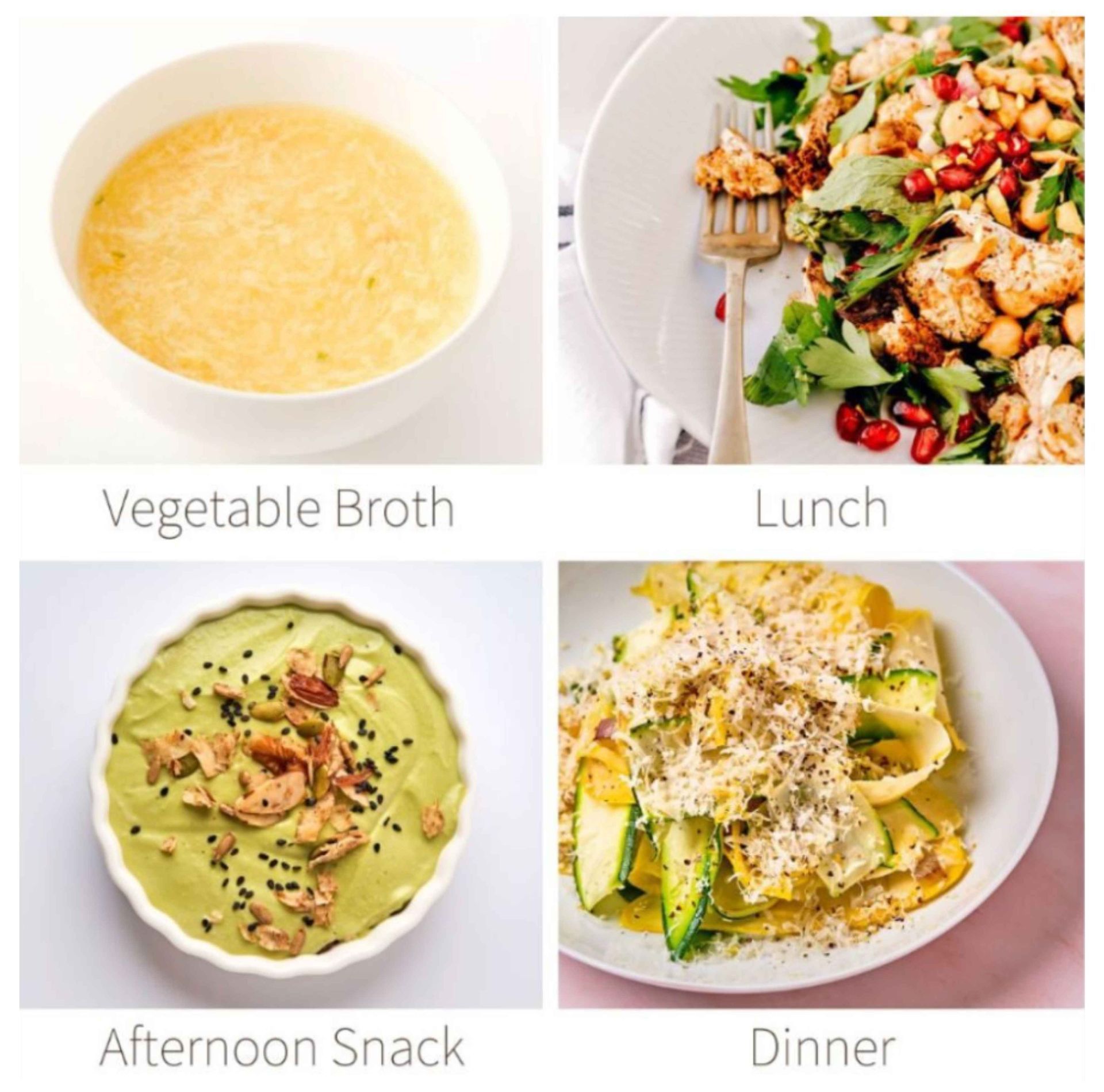 Daily Dose 5-Day ReBOOT meal plan featuring vegetable broth, lunch, afternoon snack, and dinner. A nutrient-dense, real food cleanse designed to detox, restore energy, and support gut health.