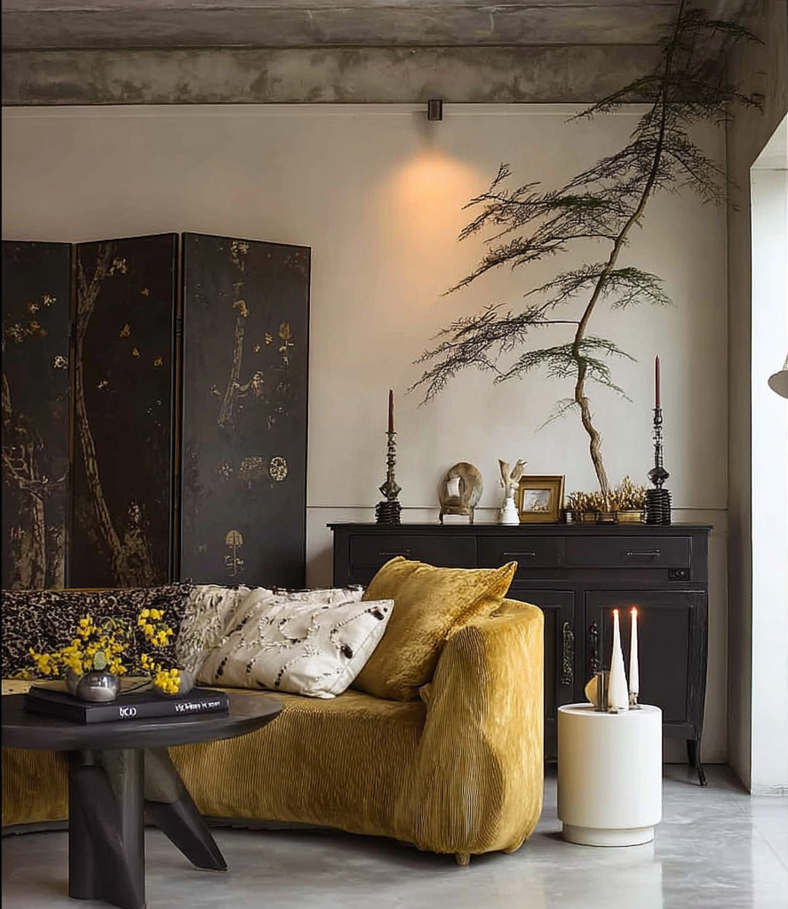 Cozy living room with yellow sofa, dark screen, black cabinet, and tall branch decor.