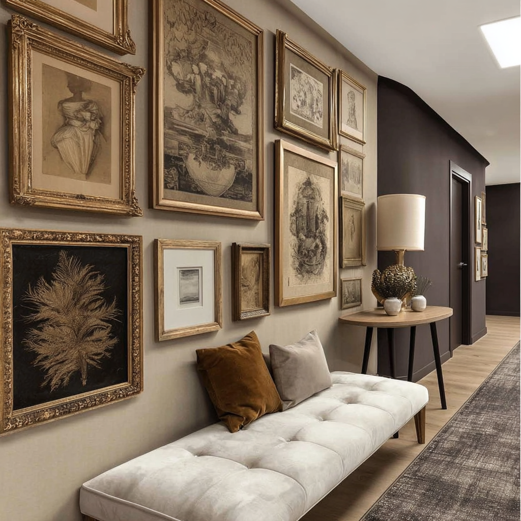 Gallery wall with framed art above a tufted bench in a hallway, neutral tones, and warm lighting.