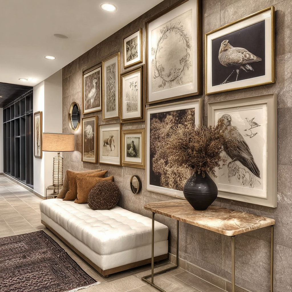 Hallway with gallery wall, bench, side table, and rug. Gray, gold, and brown tones.