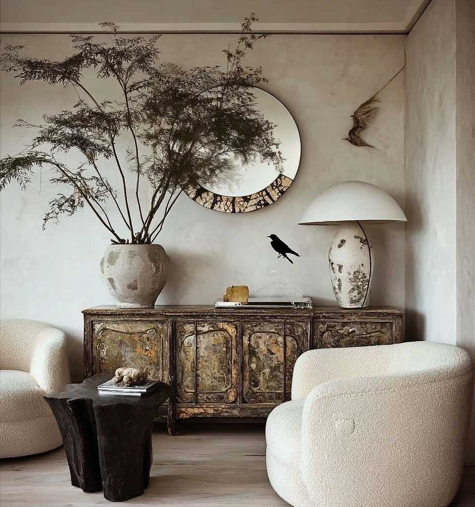 Living room with distressed cabinet, round mirror, lamp, chairs, and plant decor.