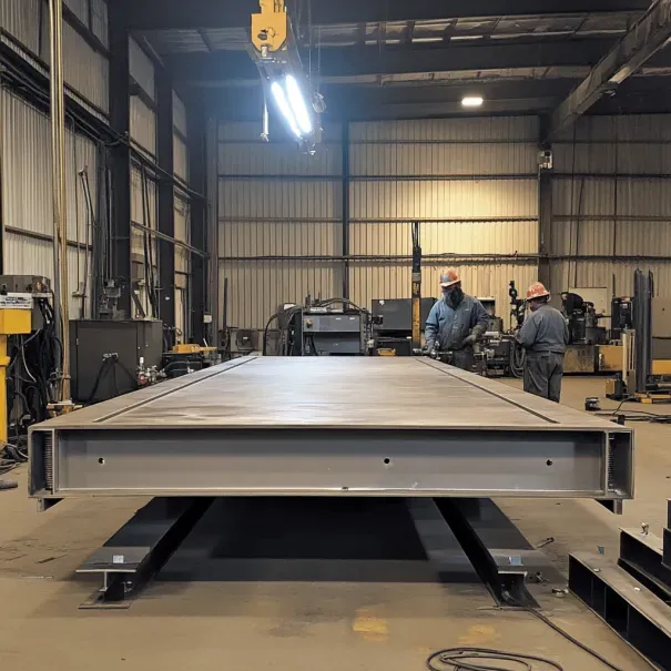 Two welders inspecting the quality of a scale on the floor of a truck scale manufacturing business.