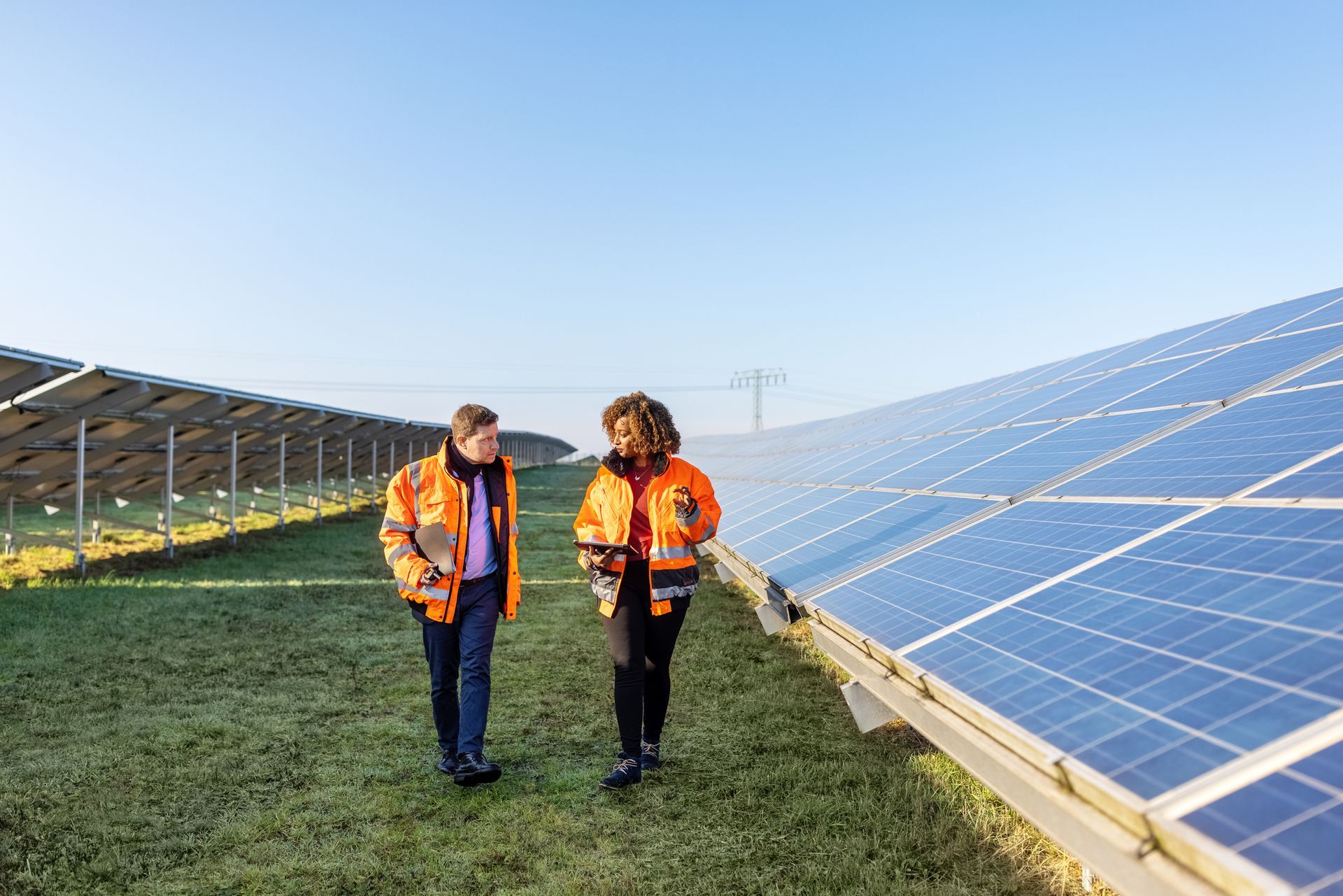 Two people in orange vests walking between rows of solar panels.
