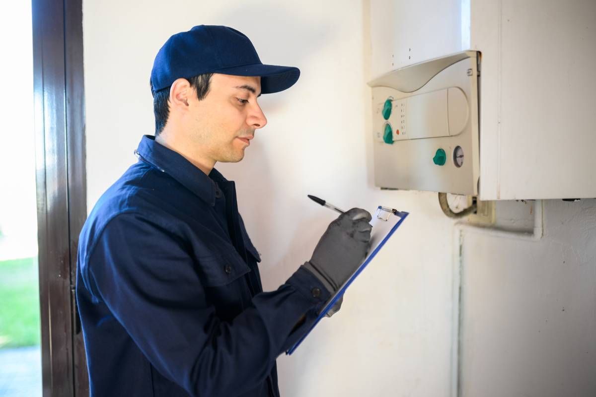 Water heater service technician completing a regular maintenance check on a homeowner's water heater at Advantage Air HVAC near Lexington, KY