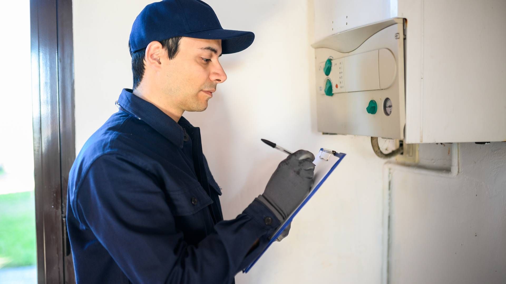 Water heater service technician completing a regular maintenance check on a homeowner's water heater