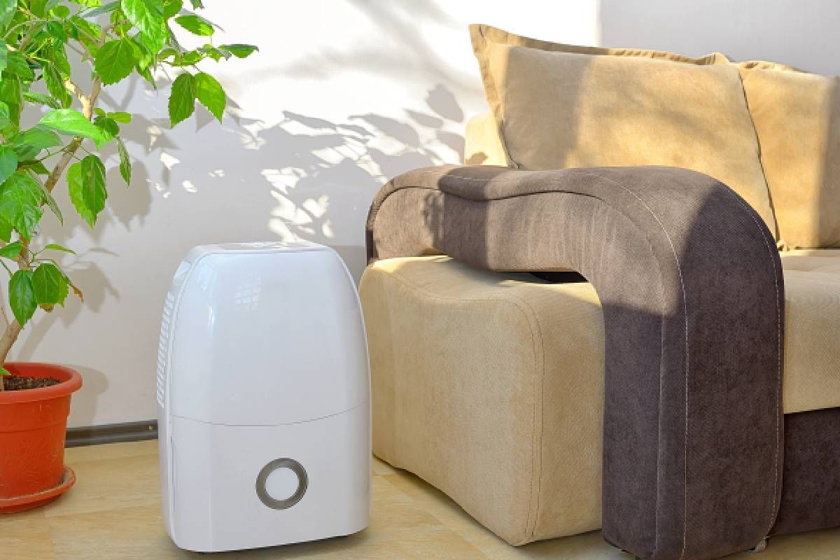 Dehumidifier sitting next to a couch in a home’s living room near Lexington, Kentucky