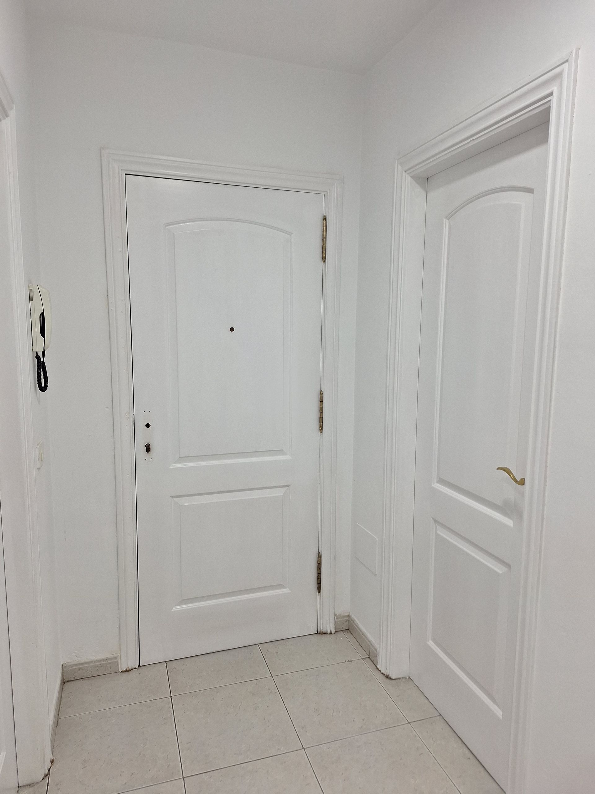 Un pasillo con dos puertas blancas y una pared blanca.