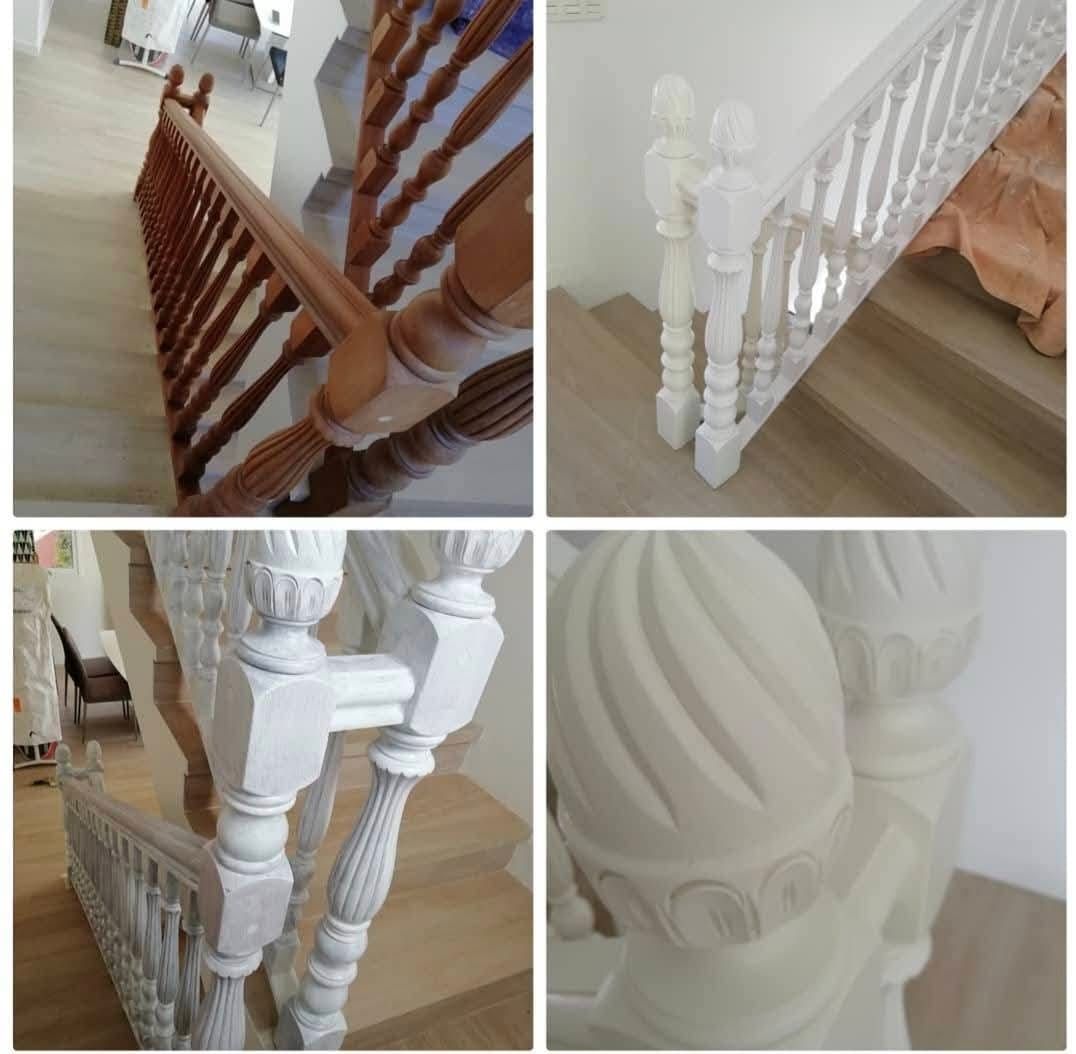 Un collage de cuatro imágenes de escaleras y barandillas.