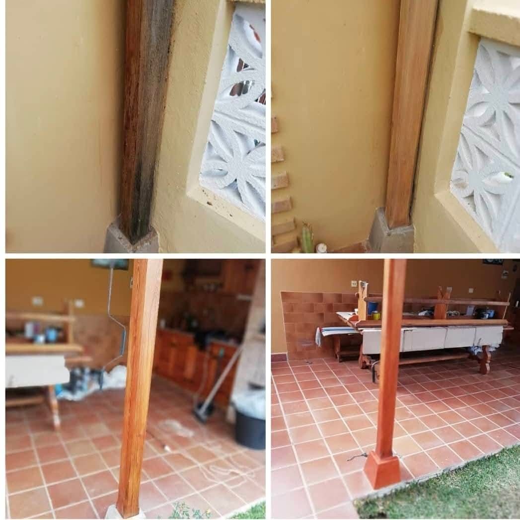 Un collage de cuatro fotografías de una casa con patio.