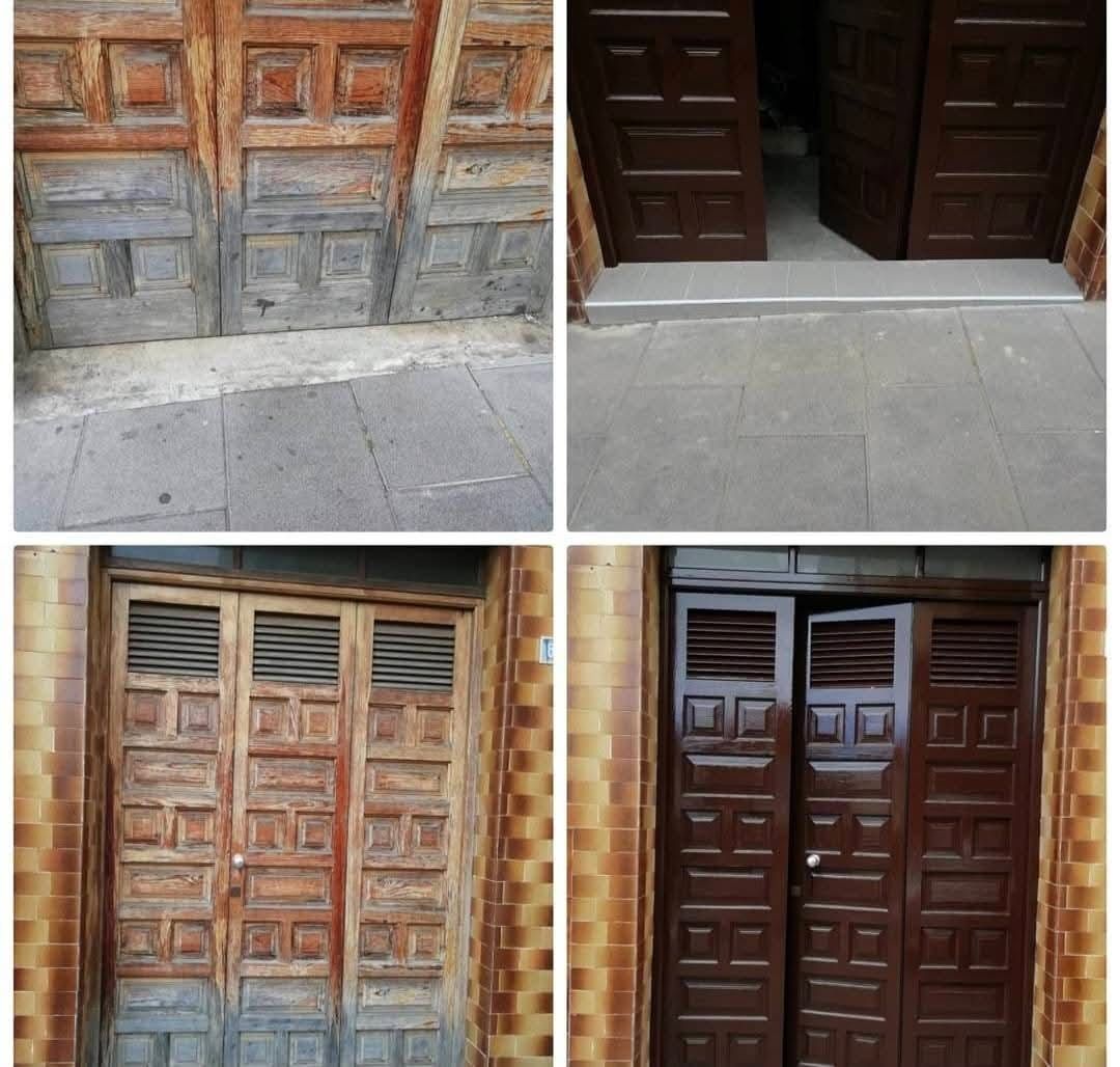 Un collage de cuatro imágenes de una puerta antes y después de ser pintada.