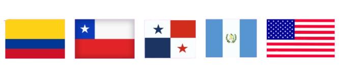 Banderas de Colombia, Chile, Panamá, Guatemala y Estados Unidos en fila.