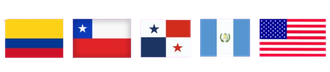 Banderas de Colombia, Chile, Panamá, Guatemala y Estados Unidos en fila.