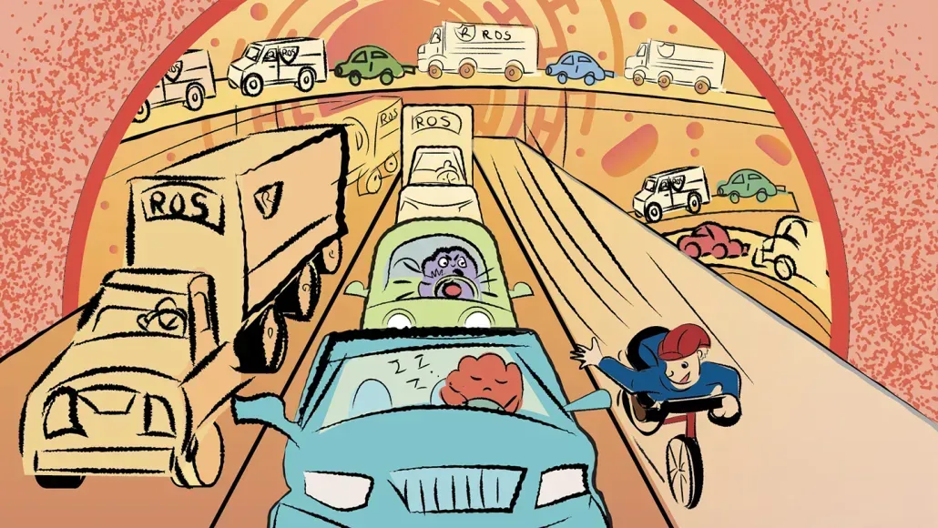 Cartoon of cars and a bicycle moving through a tunnel inside a cell