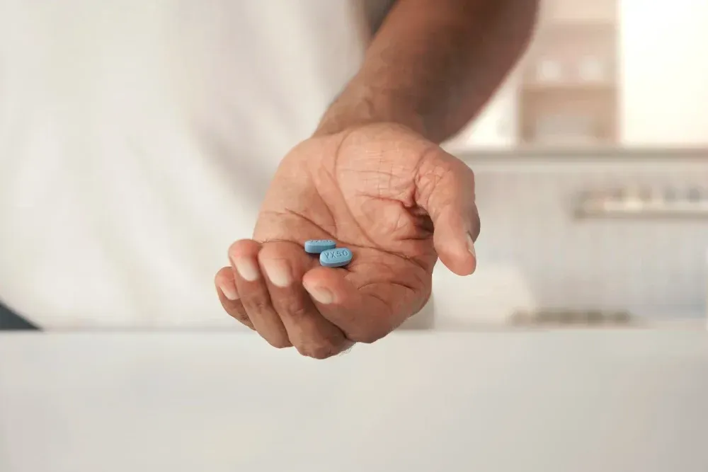 Hand holding two blue pills