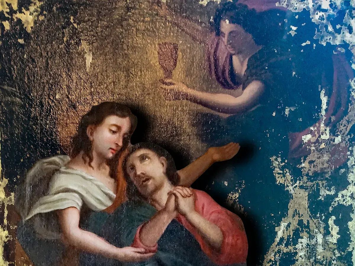 Damaged 15th century painting by the Master of the Prado Adoration of the Magi
