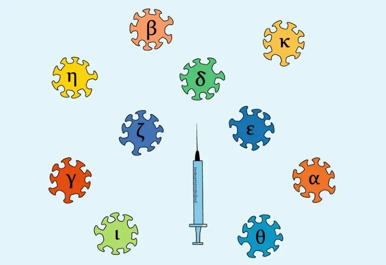 Needle and SARS-CoV-2 variants labeled with Greek letters