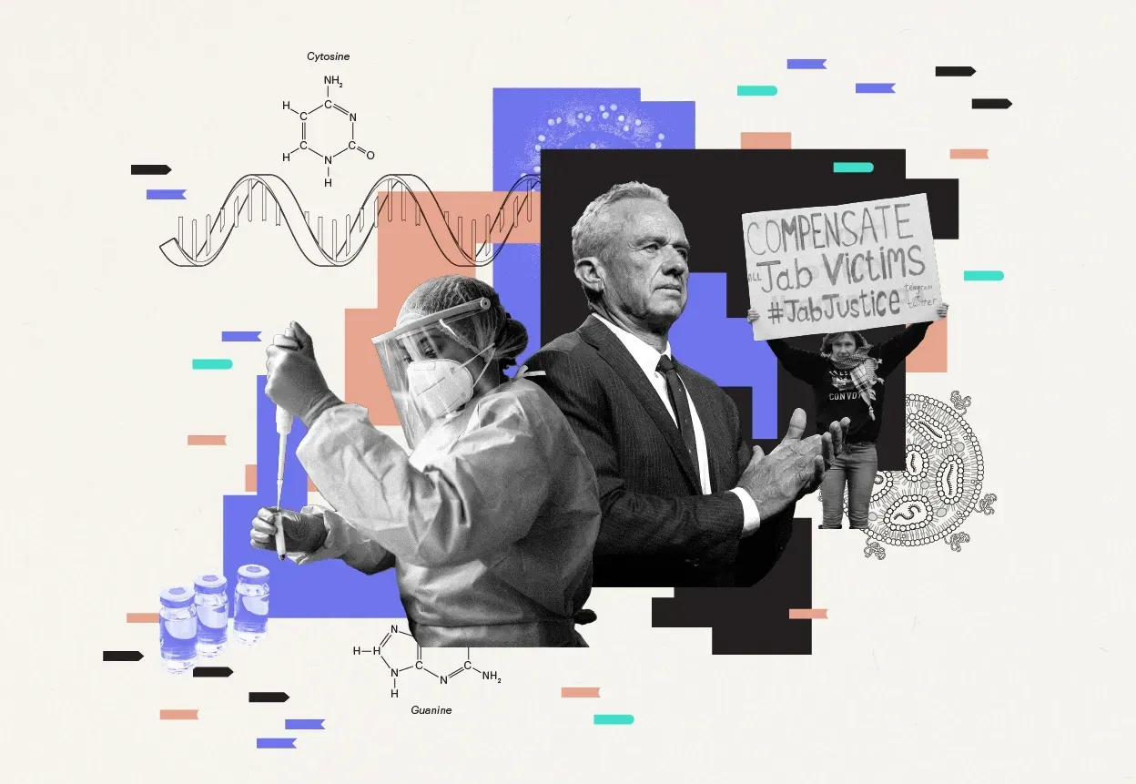 Picture of scientist handling mRNA, Robert F. Kennedy Jr. and vaccine protesters.
