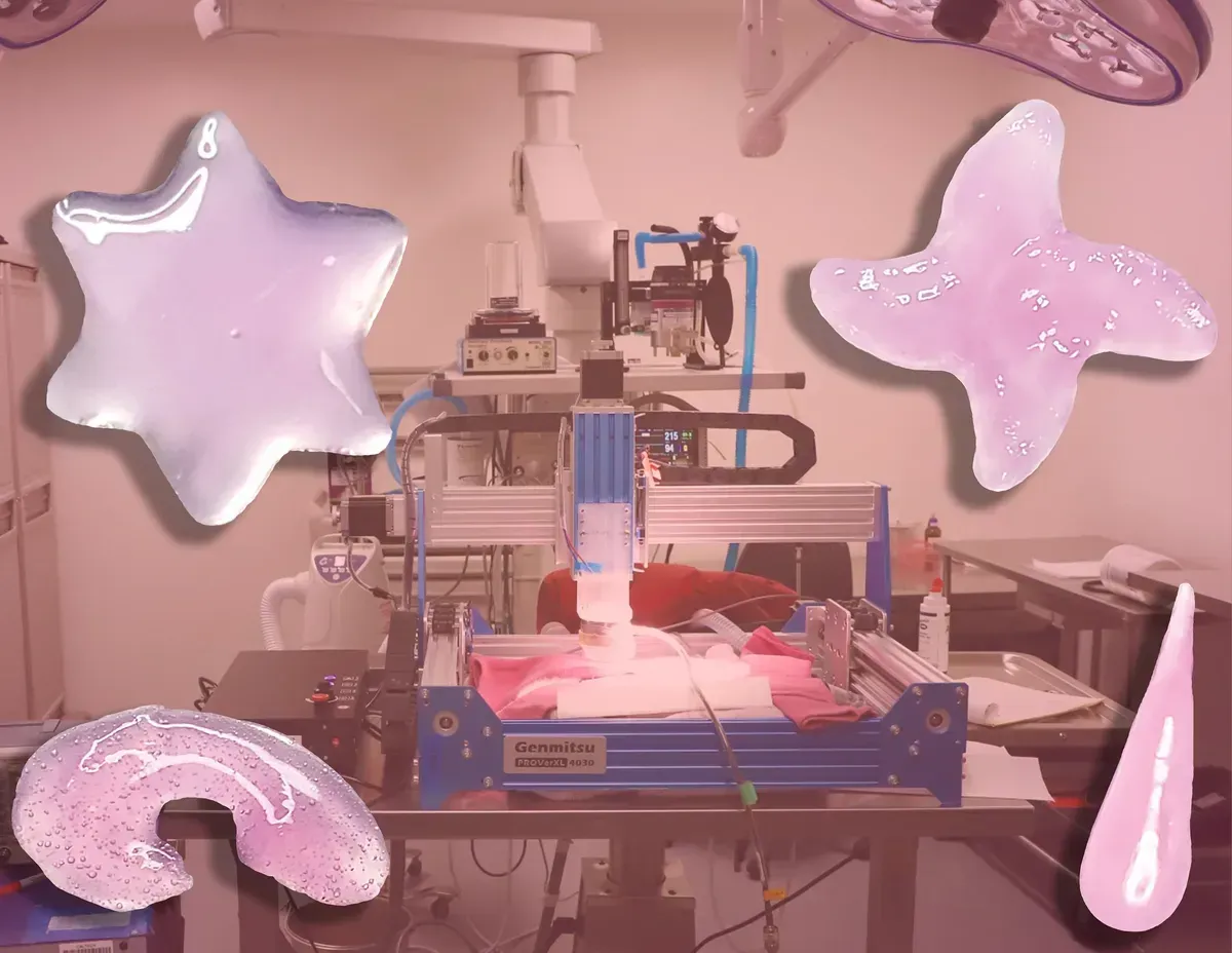 Ultrasound bioprinting technique, plus printed shapes (star, pinwheel, crescent, teardrop)
