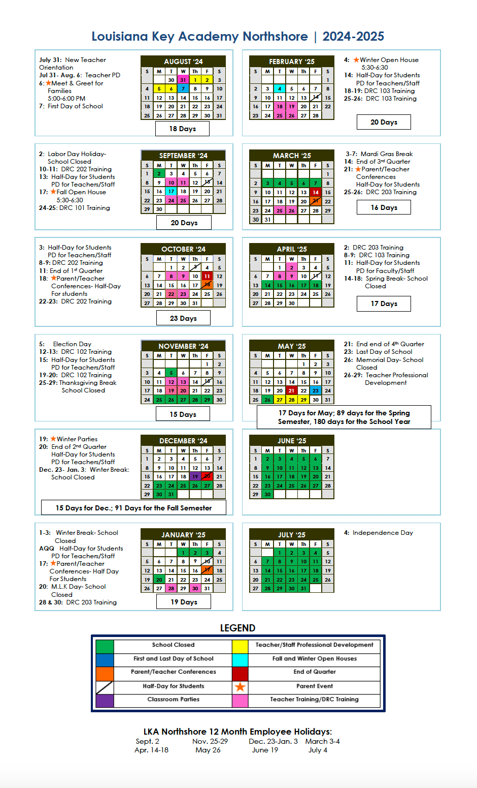 2024-2025  LKANorthshore Academic Calendar 