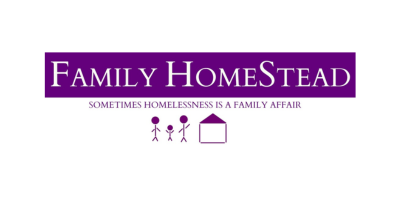 A purple sign that says family homestead sometimes homelessness is a family affair