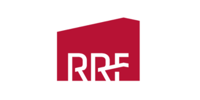 A red and white logo for rrf on a white background.