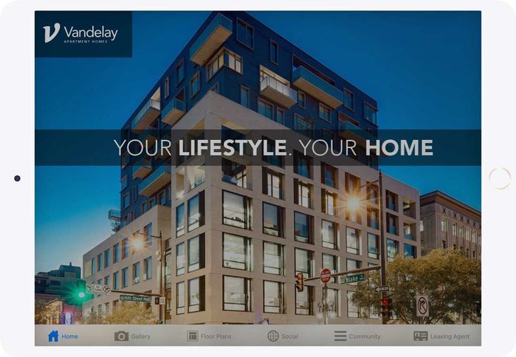 A tablet with a picture of a building and the words your lifestyle your home