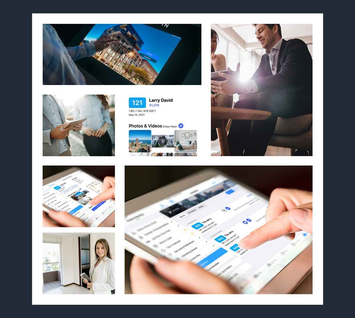 A collage of pictures of people using a tablet computer.